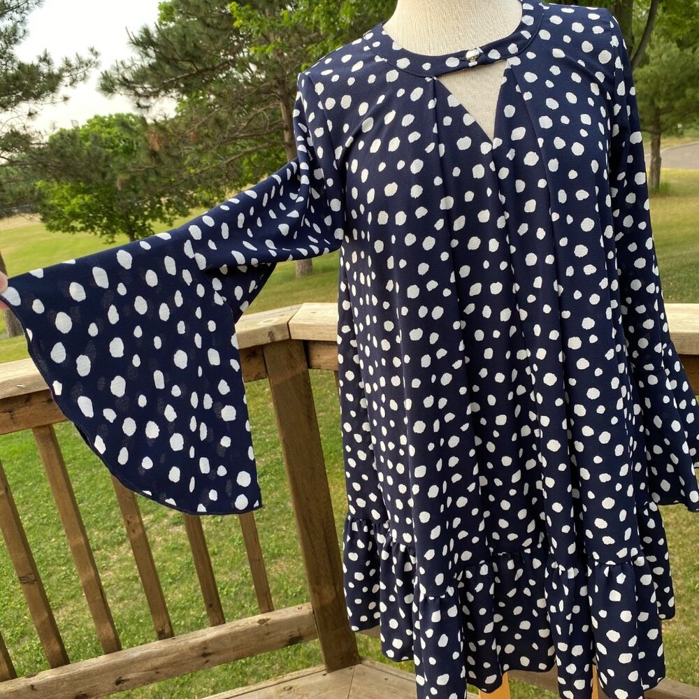 Navy Blue Polka Dots Mini Dress Tunic Top Women Size M  Bell Long Sleeve Cut Out - Picture 14 of 15